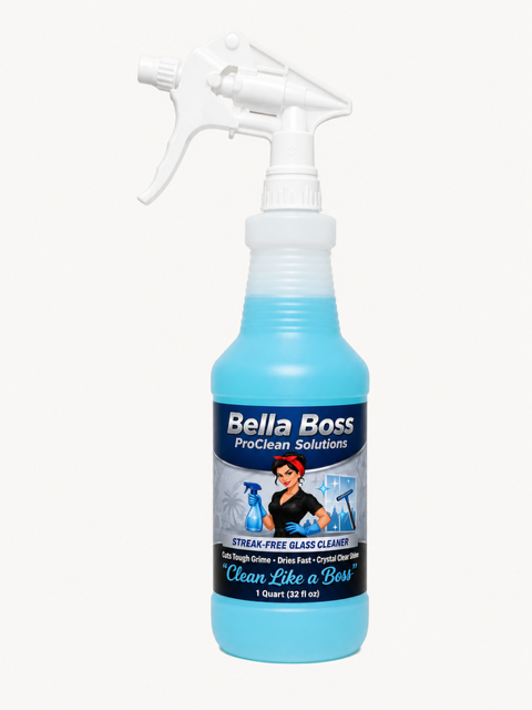 Bella Boss ProClean Streak-Free Glass Cleaner, peach scent, in a ready-to-use 32 oz spray bottle.