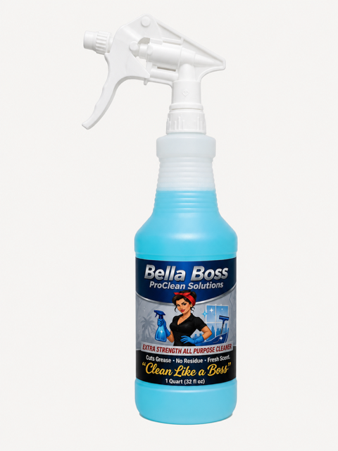 Bella Boss ProClean Extra-Strength All-Purpose Cleaner, peach scent, in a ready-to-use 32 oz spray bottle.