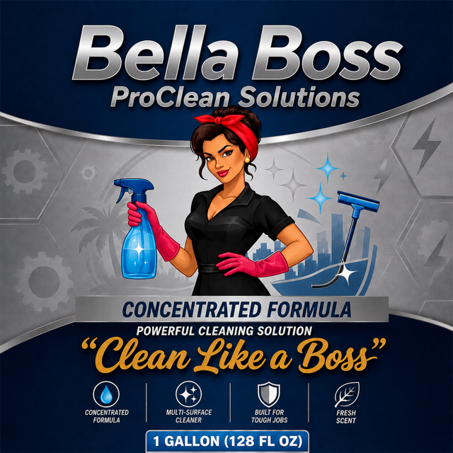 Promotional graphic for Bella Boss ProClean Solutions concentrated cleaning formula, featuring a cartoon woman in a black dress and pink gloves holding a blue spray bottle, with a squeegee and cleaning icons on a dark blue and gray background.